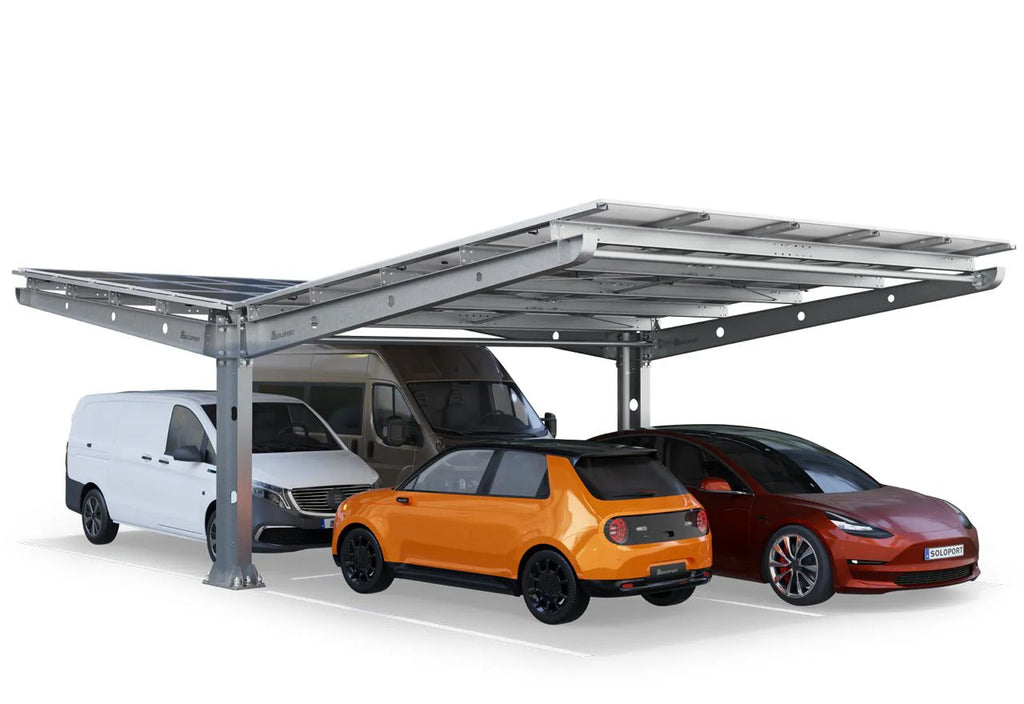 Parkplatzüberdachung PP4-G12600-3, doppelseitig, Grundfeld mit 30 Solarmodulen, SoloPort