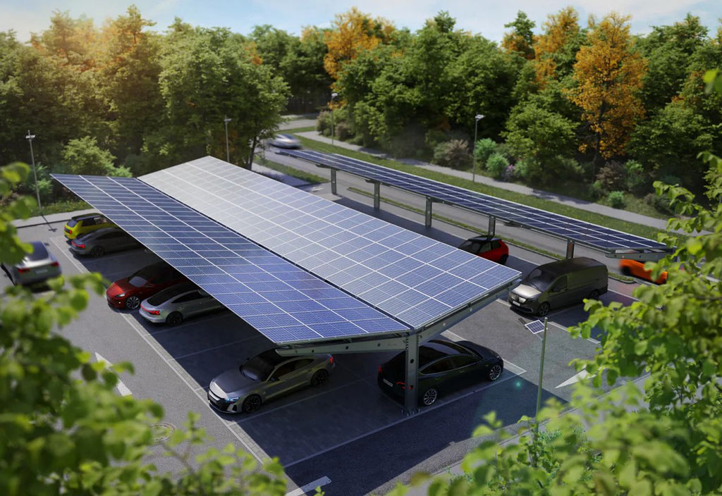 Parkplatzüberdachung PP4-G12600-3, doppelseitig, Grundfeld mit 30 Solarmodulen, SoloPort