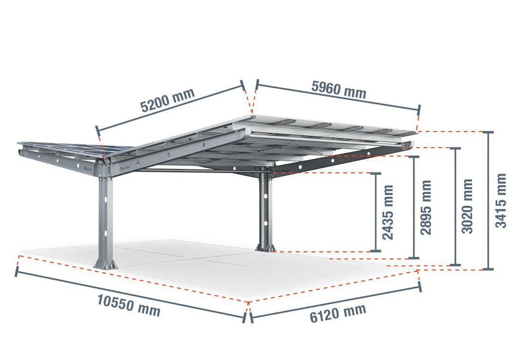 Parkplatzüberdachung PP4-G12600-3, doppelseitig, Grundfeld mit 30 Solarmodulen, SoloPort