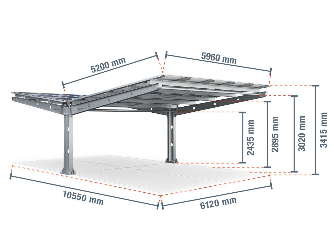Parkplatzüberdachung PP4-G12600-3, doppelseitig, Grundfeld mit 30 Solarmodulen, SoloPort