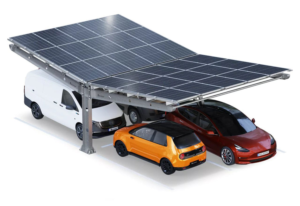 Parkplatzüberdachung PP4-G12600-3, doppelseitig, Grundfeld mit 30 Solarmodulen, SoloPort