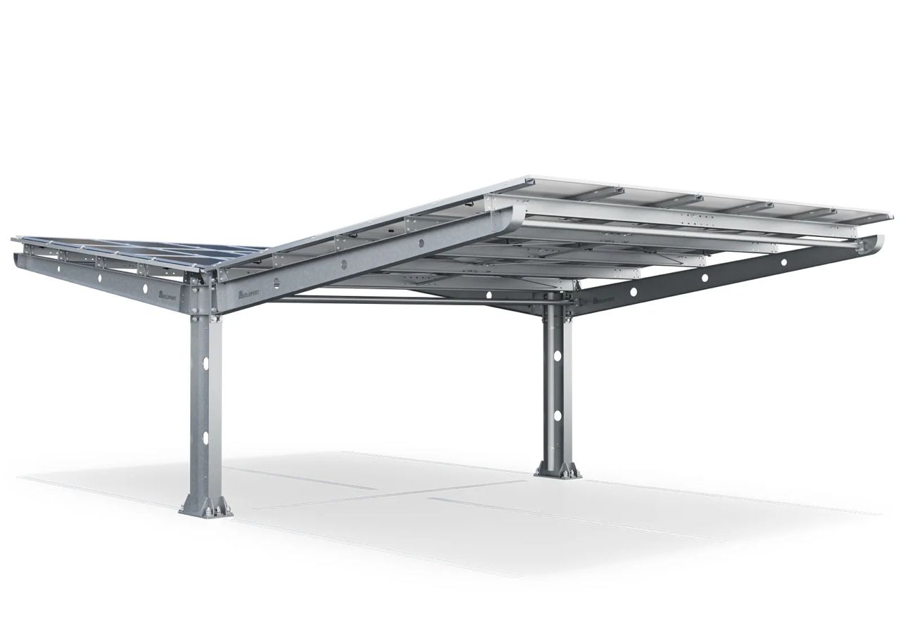 Parkplatzüberdachung PP4-G12600-3, doppelseitig, Grundfeld mit 30 Solarmodulen, SoloPort