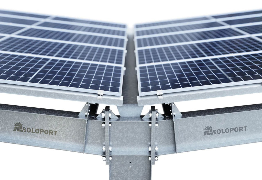 Parkplatzüberdachung PP4-G12600-3, doppelseitig, Grundfeld mit 30 Solarmodulen, SoloPort