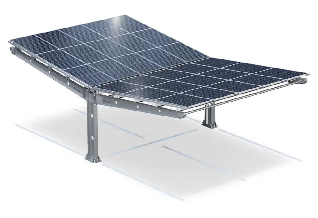 Parkplatzüberdachung PP4-G12600-3, doppelseitig, Grundfeld mit 30 Solarmodulen, SoloPort