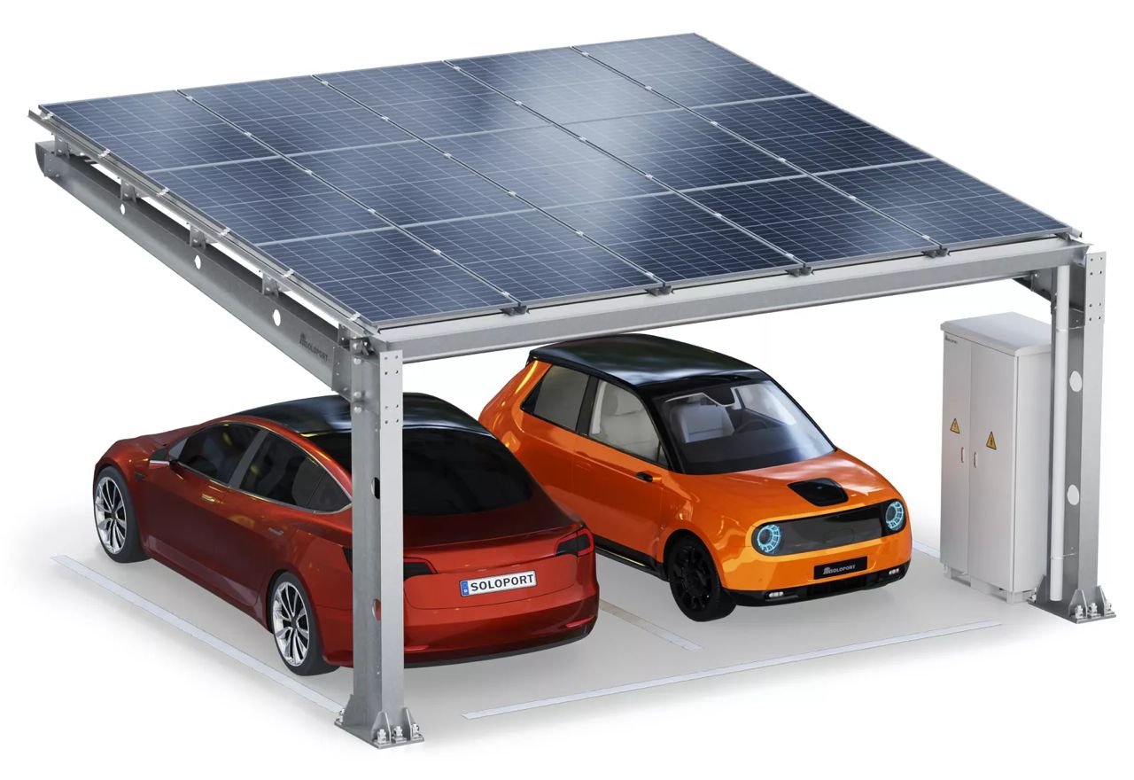 Parkplatzüberdachung PP2/40-G6300-3, einseitig, Grundfeld mit 15 Solarmodulen inkl. Wallbox und Schaltschrank, SoloPort