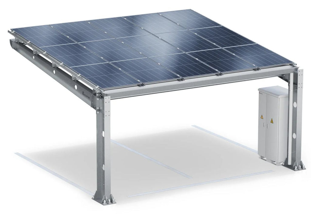 Parkplatzüberdachung PP2/40-G6300-3, einseitig, Grundfeld mit 15 Solarmodulen inkl. Wallbox und Schaltschrank, SoloPort