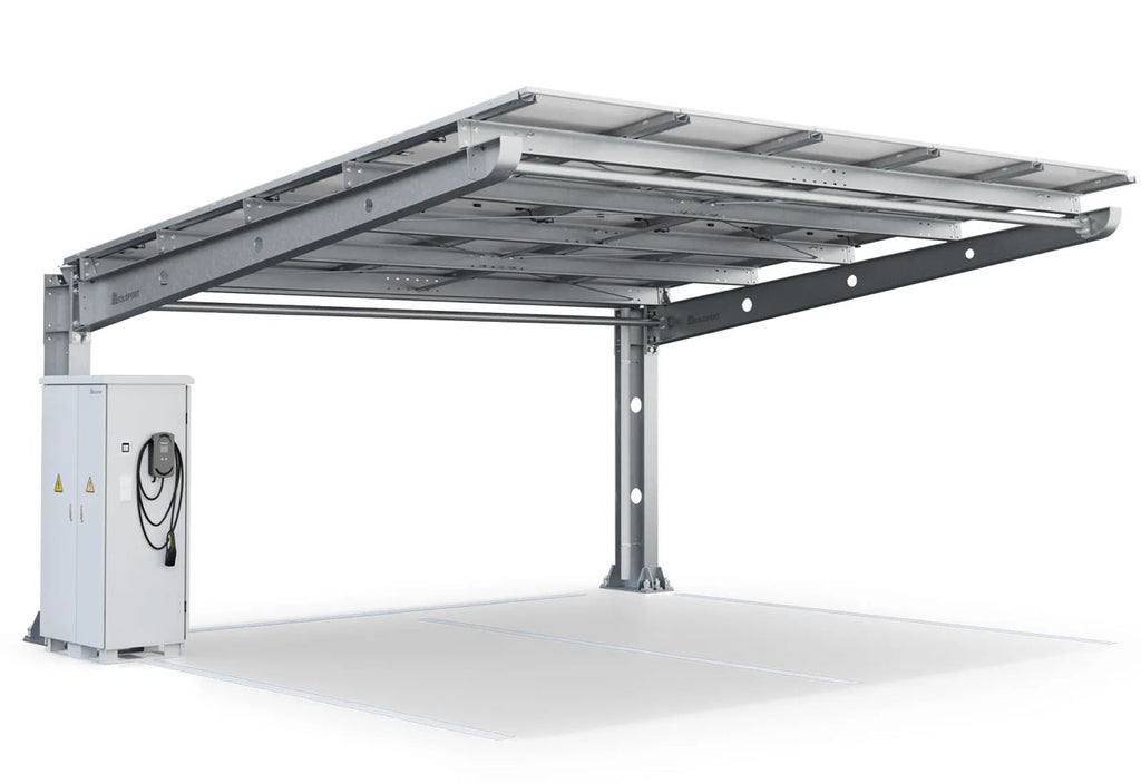 Parkplatzüberdachung PP2/40-G6300-3, einseitig, Grundfeld mit 15 Solarmodulen inkl. Wallbox und Schaltschrank, SoloPort