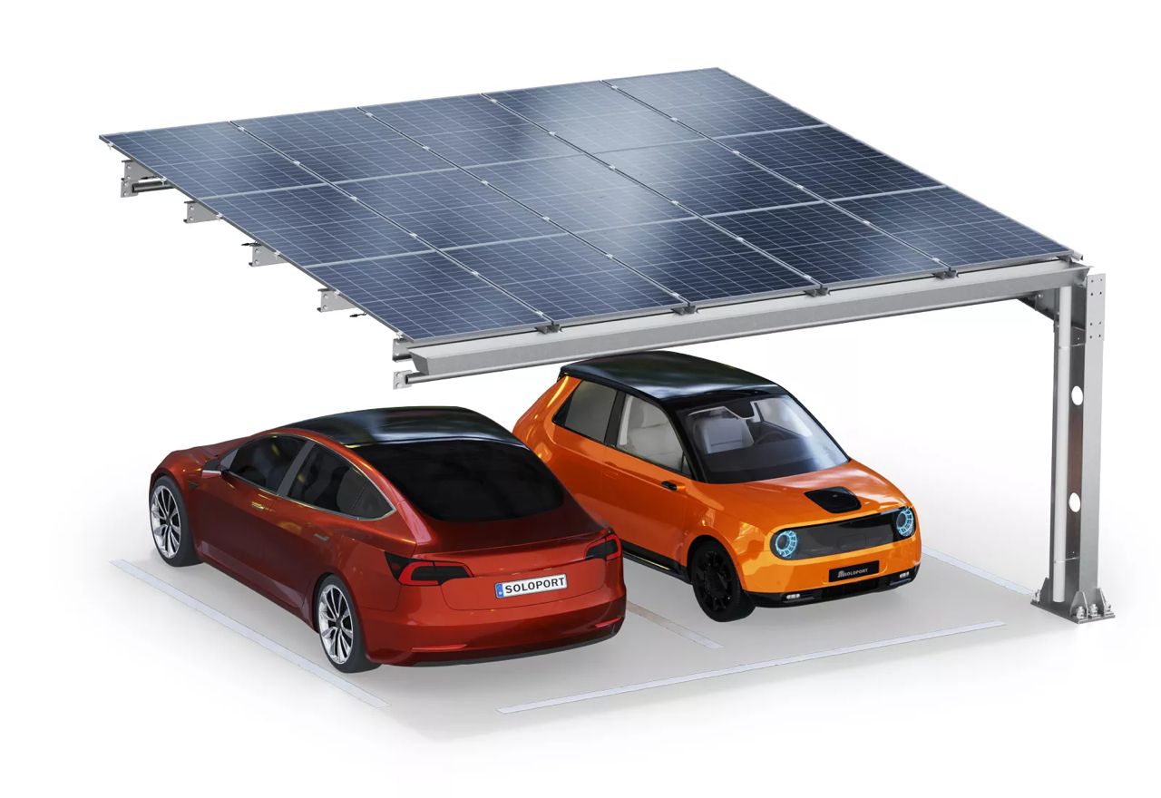 Parkplatzüberdachung PP2-A6300-3, einseitig, Anbaufeld mit 15 Solarmodulen, SoloPort