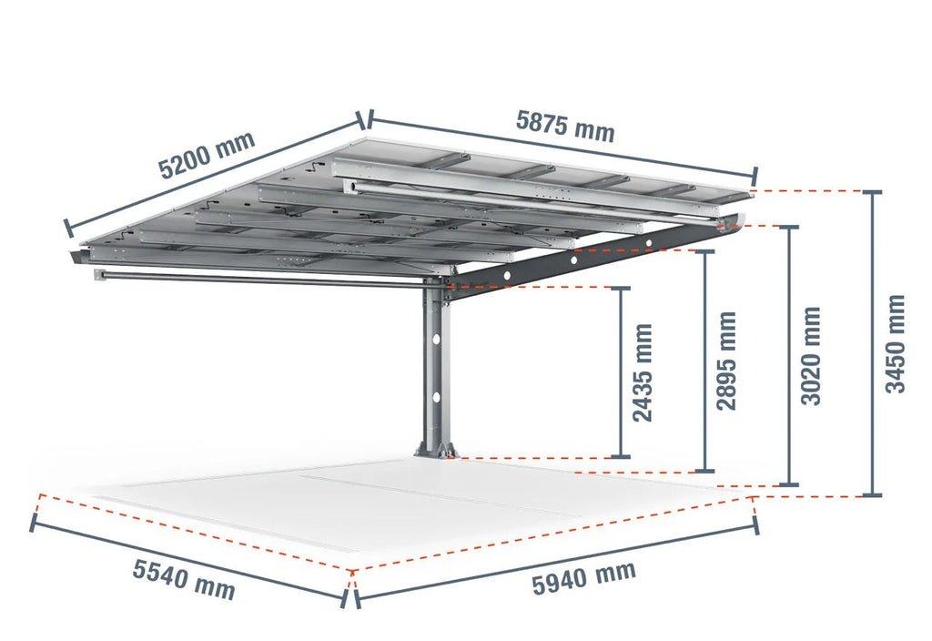 Parkplatzüberdachung PP2-A6300-3, einseitig, Anbaufeld mit 15 Solarmodulen, SoloPort