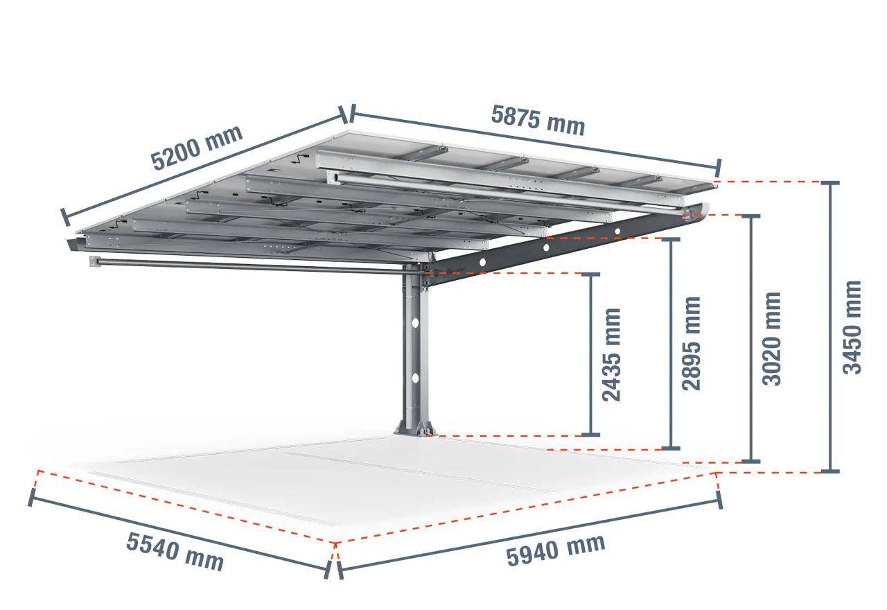 Parkplatzüberdachung PP2-A6300-3, einseitig, Anbaufeld mit 15 Solarmodulen, SoloPort