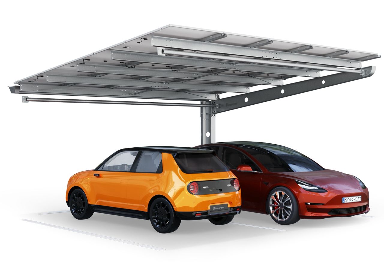 Parkplatzüberdachung PP2-A6300-3, einseitig, Anbaufeld mit 15 Solarmodulen, SoloPort