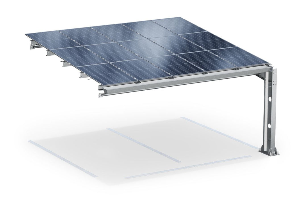 Parkplatzüberdachung PP2-A6300-3, einseitig, Anbaufeld mit 15 Solarmodulen, SoloPort